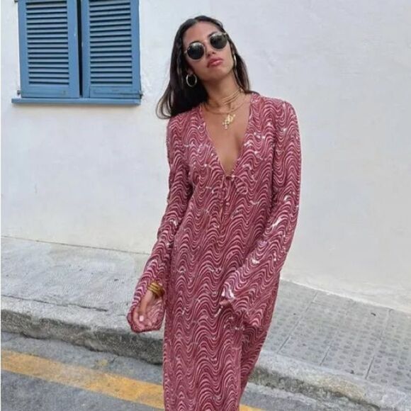 ZARA NWT WOMAN BEADED MIDI DRESS PINK - Picture 11 of 11